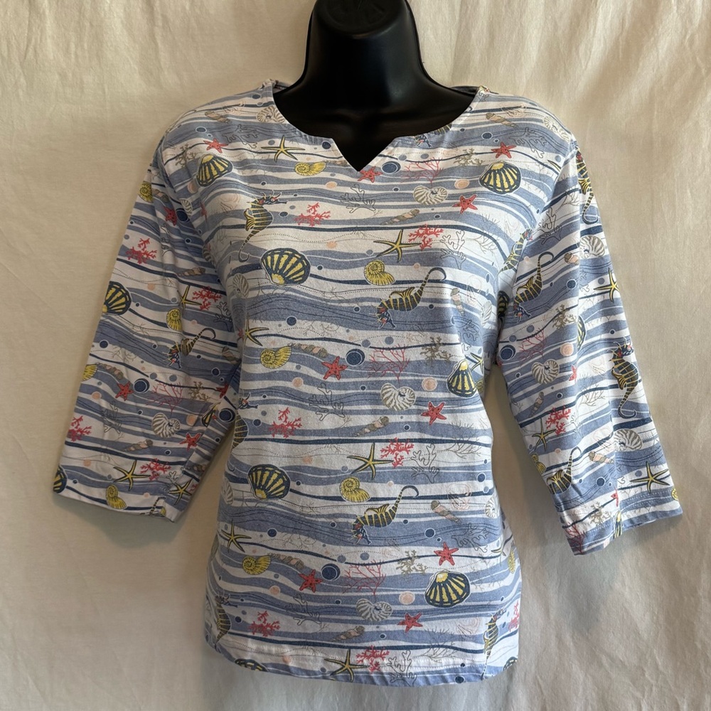 E-93 BonWorth Blue & White 1/2 Sleeve‎ Pullover Blouse Size SP